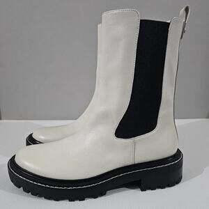 Tory Burch Benton Boot Womens 10.5 Ivory Black Leather Lug Sole Platform Chelsea